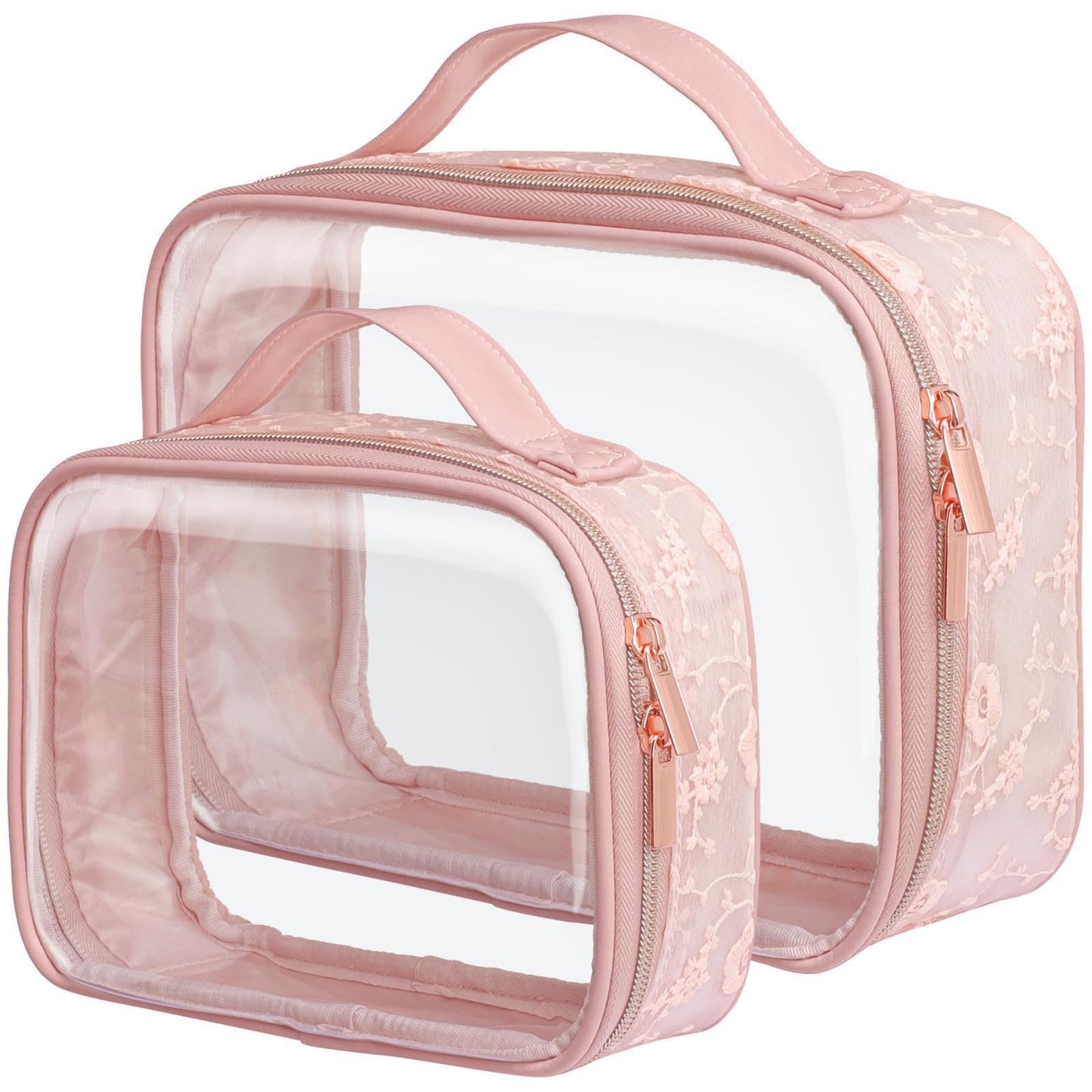 PACKISM Floral Lace TSA Toiletry Bag Set – Medium & Large Clear Bags, Pink