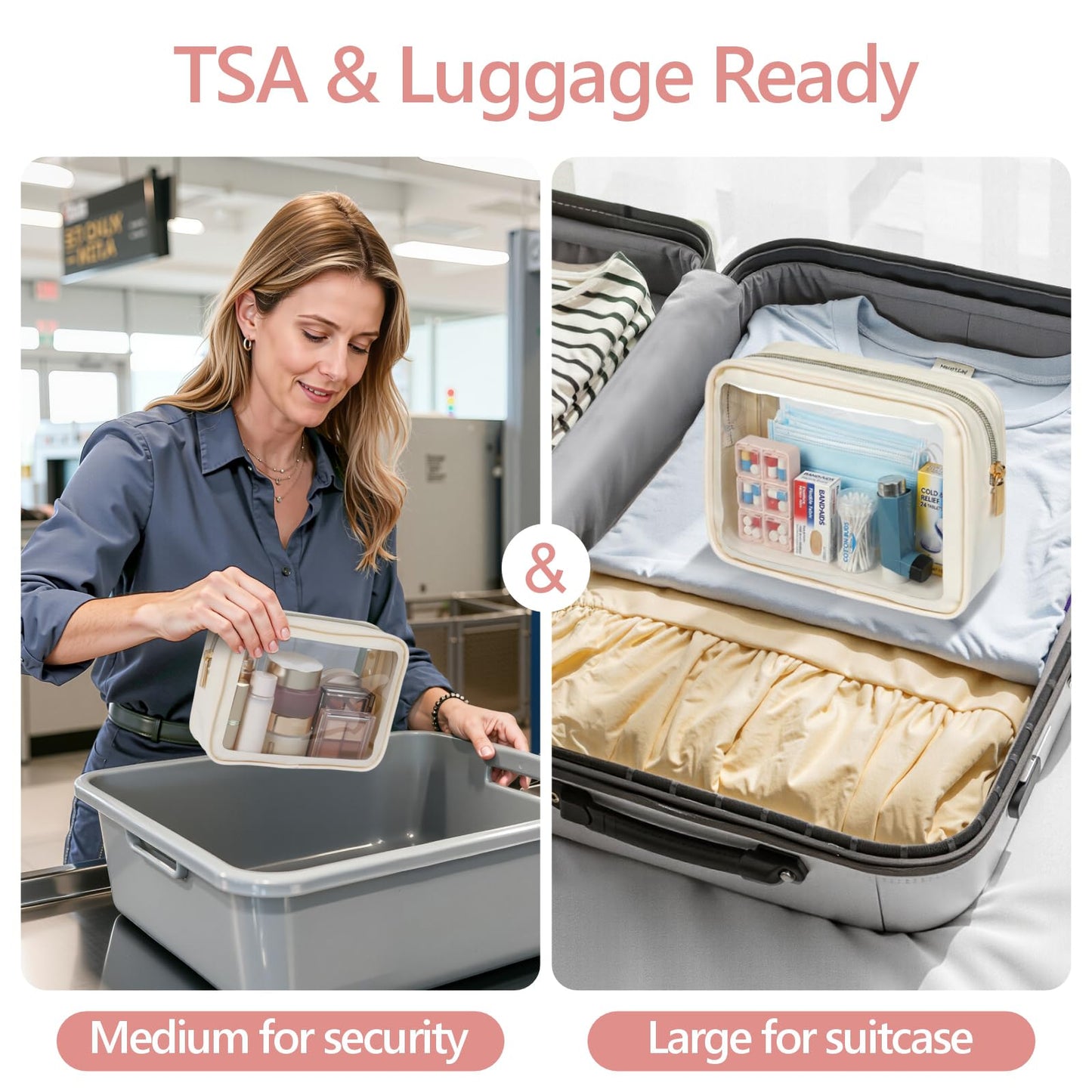 PACKISM 2 Pack Clear Makeup Bag Set (Large + Medium) – TSA-Approved, Water-Resistant, Beige