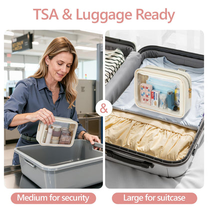 PACKISM 2 Pack Clear Makeup Bag Set (Large + Medium) – TSA-Approved, Water-Resistant, Beige