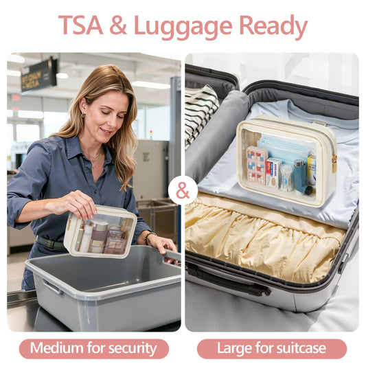PACKISM 2 Pack Clear Makeup Bag Set (Large + Medium) – TSA-Approved, Water-Resistant, Beige