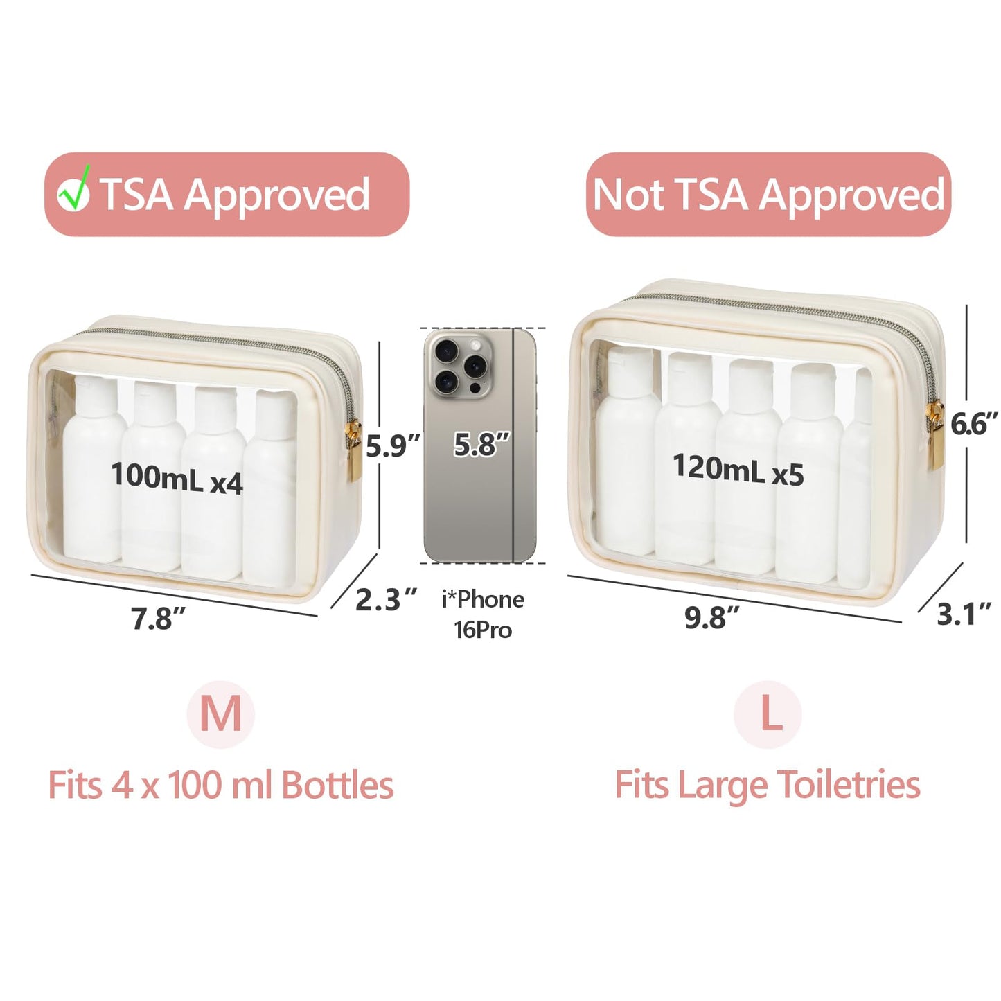 PACKISM 2 Pack Clear Makeup Bag Set (Large + Medium) – TSA-Approved, Water-Resistant, Beige