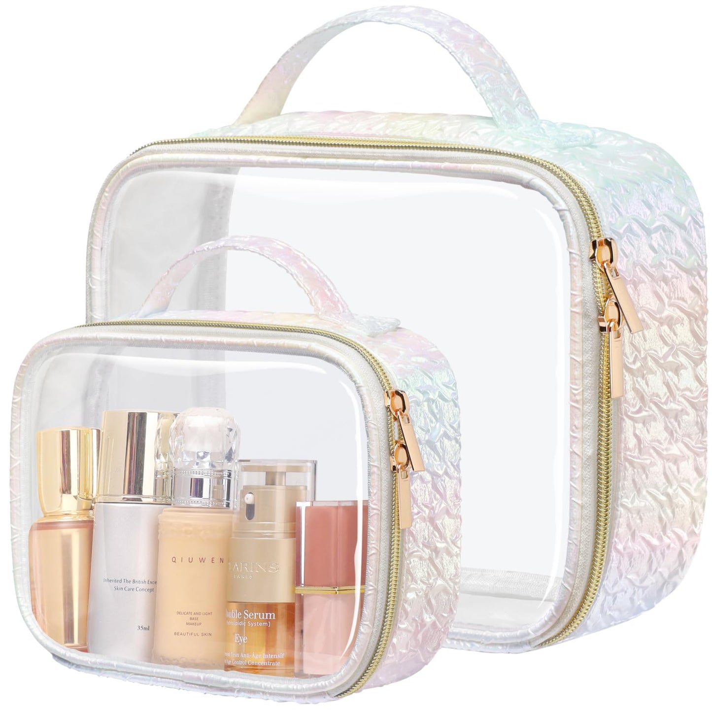PACKISM Stylish TSA-Approved Toiletry Bag Set | Ruched Clear Makeup Bags with Handle (Medium + Large) - Colorful White