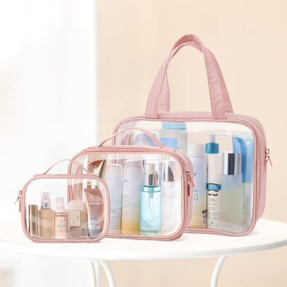 PACKISM Clear Makeup Bag Combo Pack – TSA-Approved Medium, Large & XL in Rose Pink | Water-Resistant Travel Organizer