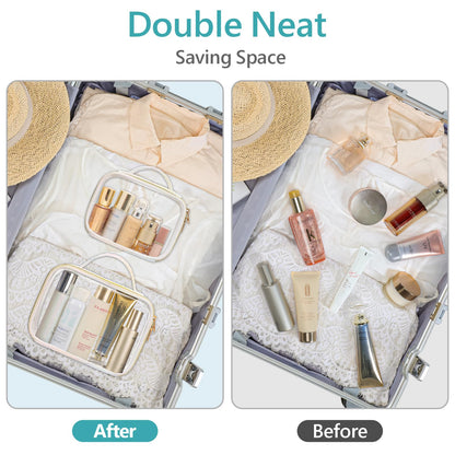 PACKISM Stylish TSA-Approved Toiletry Bag Set | Ruched Clear Makeup Bags with Handle (Medium + Large) - Colorful White
