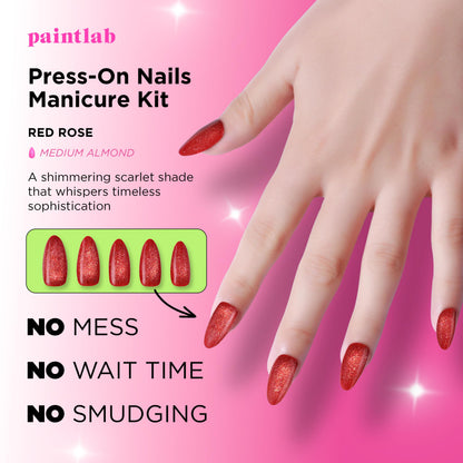 PaintLab Press-On Nails Kit – Red Rose Almond, 24-Piece Set