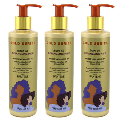 Pantene Gold Series Leave-In Detangling Milk 3-Pack – 7.6 oz Each | Argan Oil, Sulfate & Dye Free