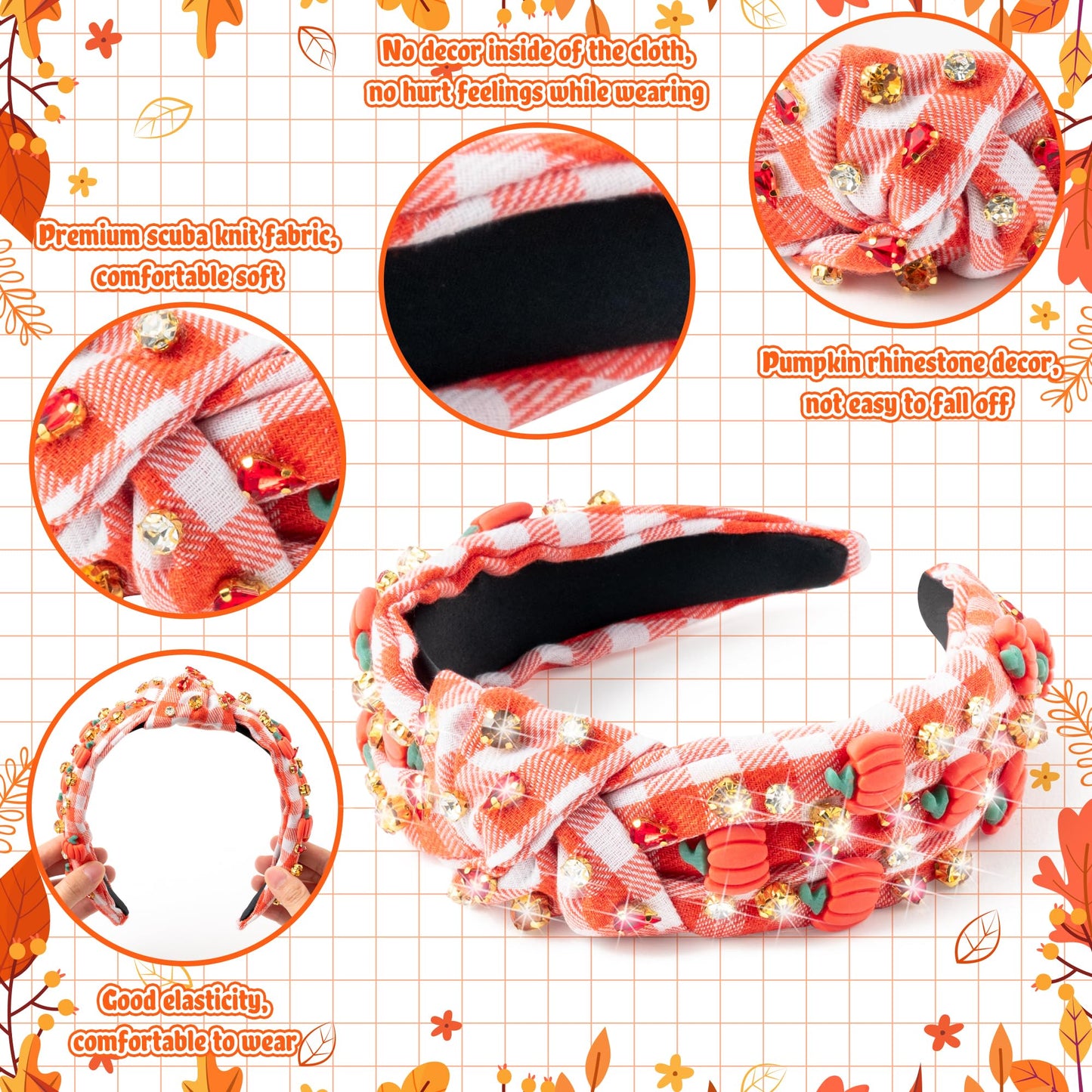 PANTIDE Thanksgiving Jeweled Knotted Headband — Pumpkin Rhinestone Crystal Embellished Hair Accessory