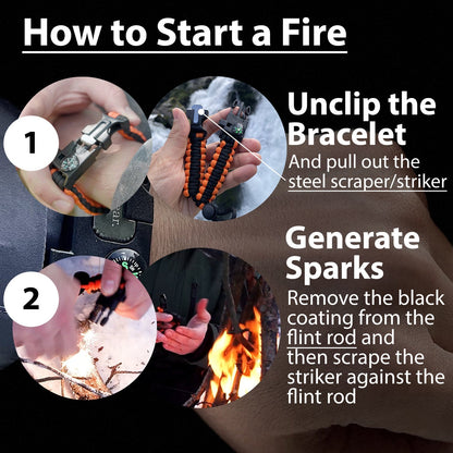 Paracord Survival Bracelet (2 Pack) | Flint & Steel Fire Starter, Whistle, Compass
