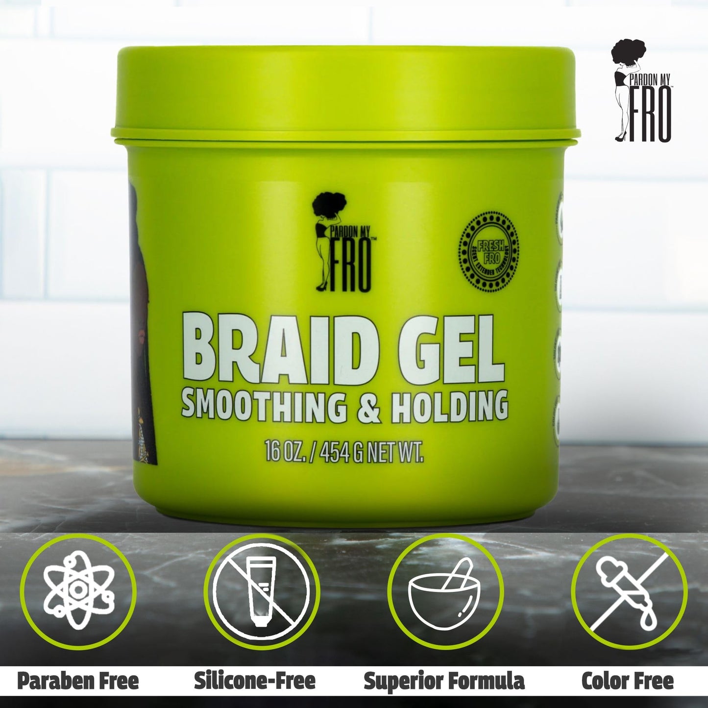 Pardon My Fro Braiding Gel - Strong Hold, Sleek Edges & No Flakes - 16 oz