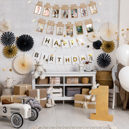 PartyHooman 1st Birthday Photo Banner — Newborn to 12 Months (Kraft)