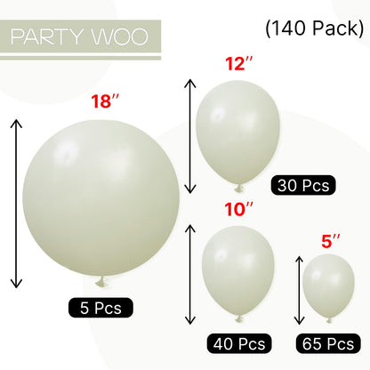PartyWoo Sage Green Balloons 140pcs – 18/12/10/5in Latex Balloon Arch Kit for Weddings & Parties