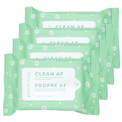 Patchology Clean AF Facial Cleansing Wipes – Travel-Size Makeup Remover for Sensitive & Oily Skin (4 Pack, 60 Wipes)