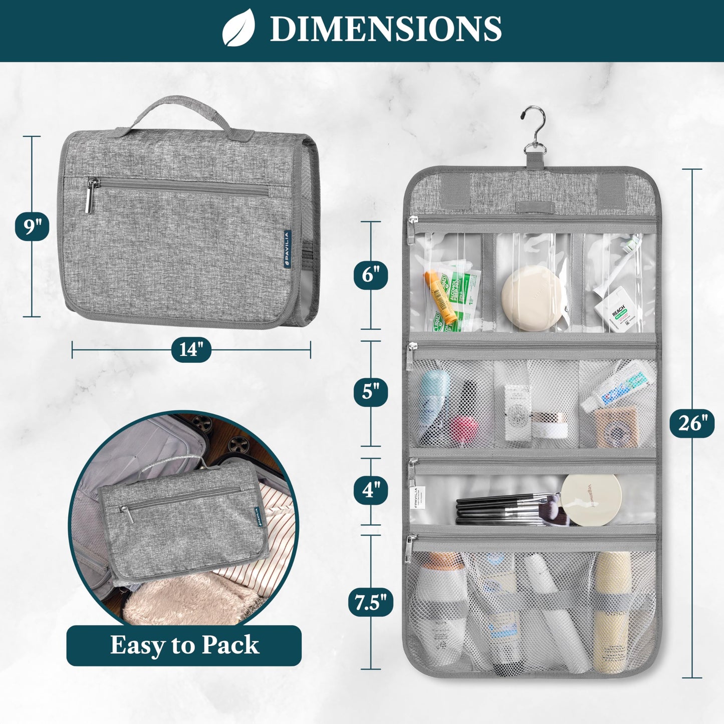 PAVILIA Hanging Toiletry Bag - Large Foldable Travel Kit, Waterproof & TSA-Ready