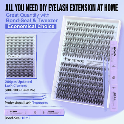 Pawotence Lash Extension Kit DIY 280pcs Clusters – 20D/30D, 9-15mm, Bond & Seal