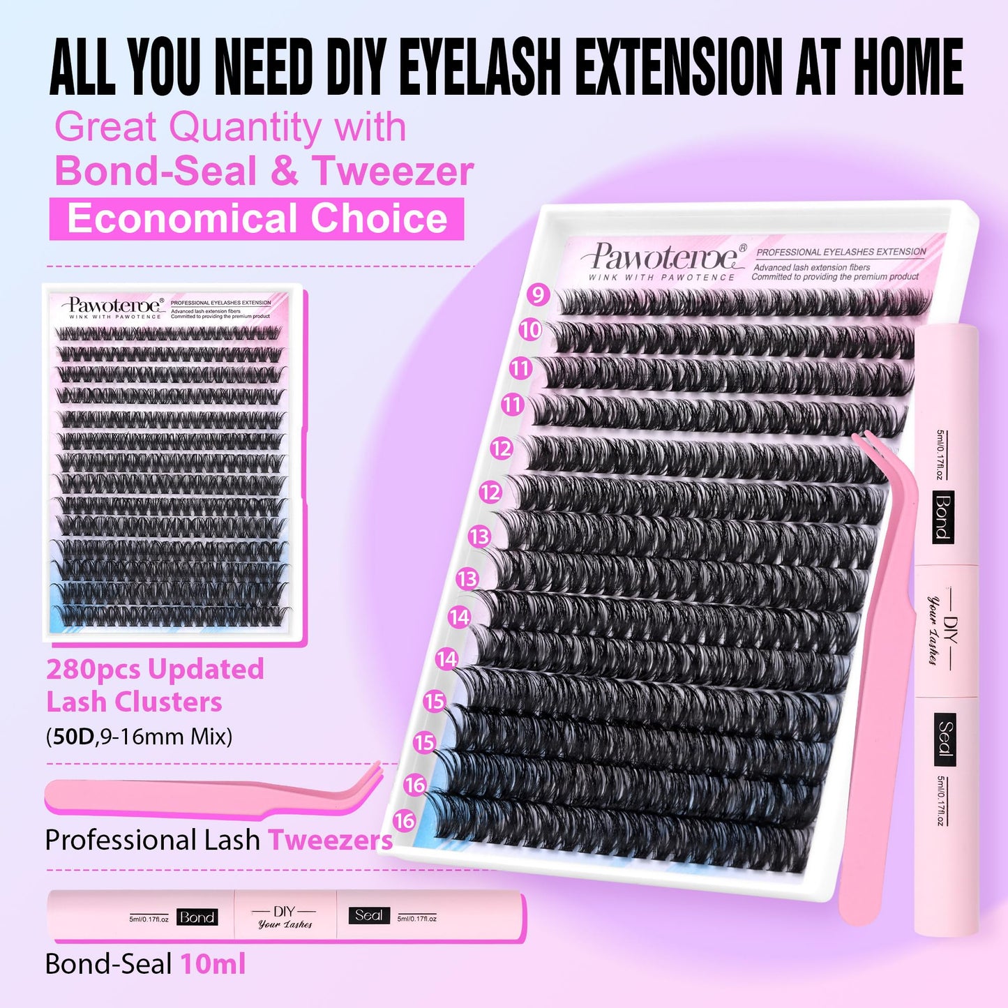 Pawotence Lash Extension Kit DIY 280pcs — 50D 9-16mm Clusters, Bond & Seal, Self-Application