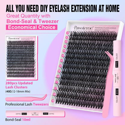 Pawotence Lash Extension Kit DIY 40D 12-18mm – 280 Clusters, Bond & Seal, Tweezers