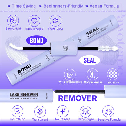 Pawotence Kira Lash Clusters Kit 144pcs – 10–18mm Wispy Lashes with Bond, Seal, Remover & Applicator