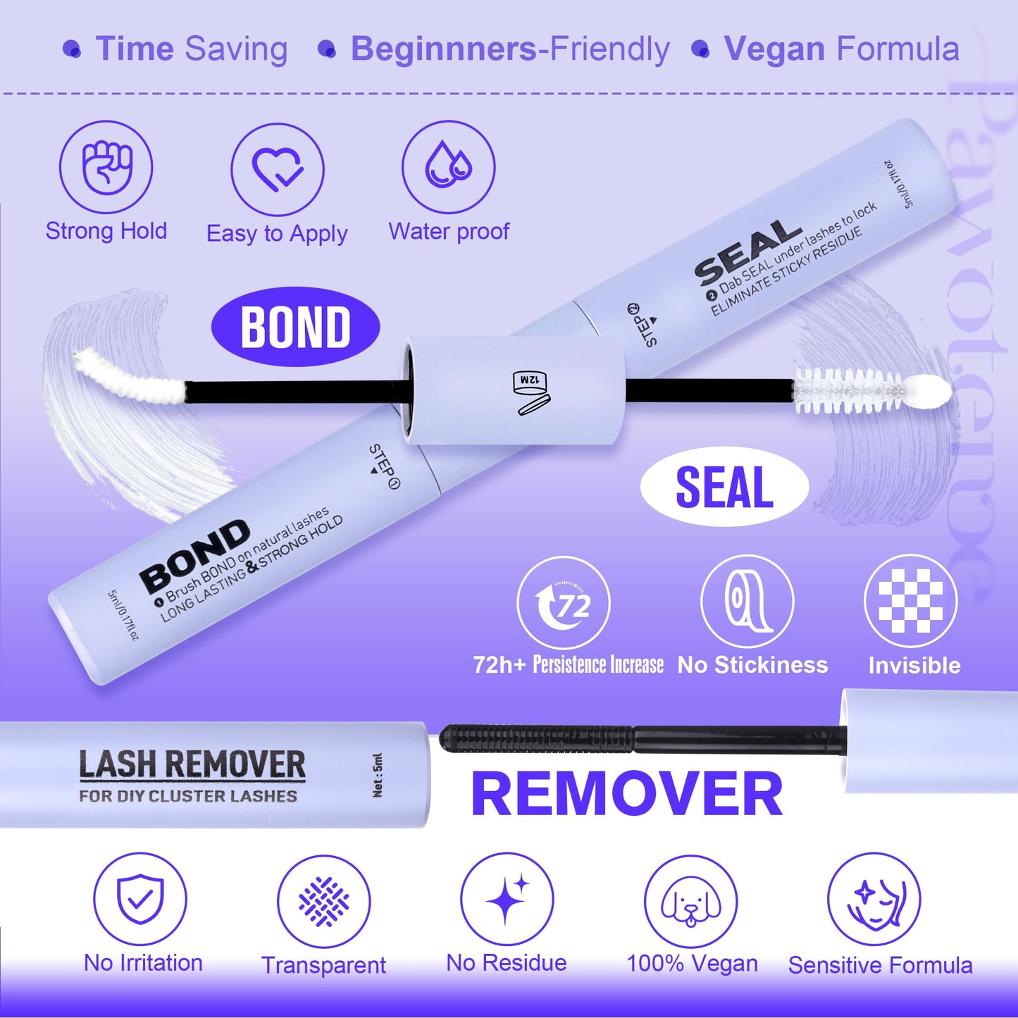 Pawotence Misha Lash Clusters Kit 10-18mm | 144pcs Wet Look Lashes + Bond & Seal