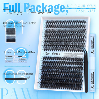 Pawotence Lash Clusters Kit 40D-60D | DIY 10-18mm Lash Extensions with Bond & Seal (280 pcs)
