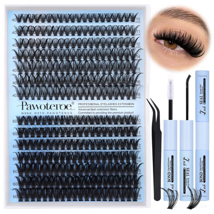 Pawotence Lash Clusters Kit 40D-60D | DIY 10-18mm Lash Extensions with Bond & Seal (280 pcs)
