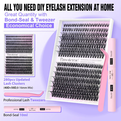 Pawotence Lash Extension Kit 40D/50D – DIY At-Home Lashes with Bond, Seal & Tweezers (8-16mm)