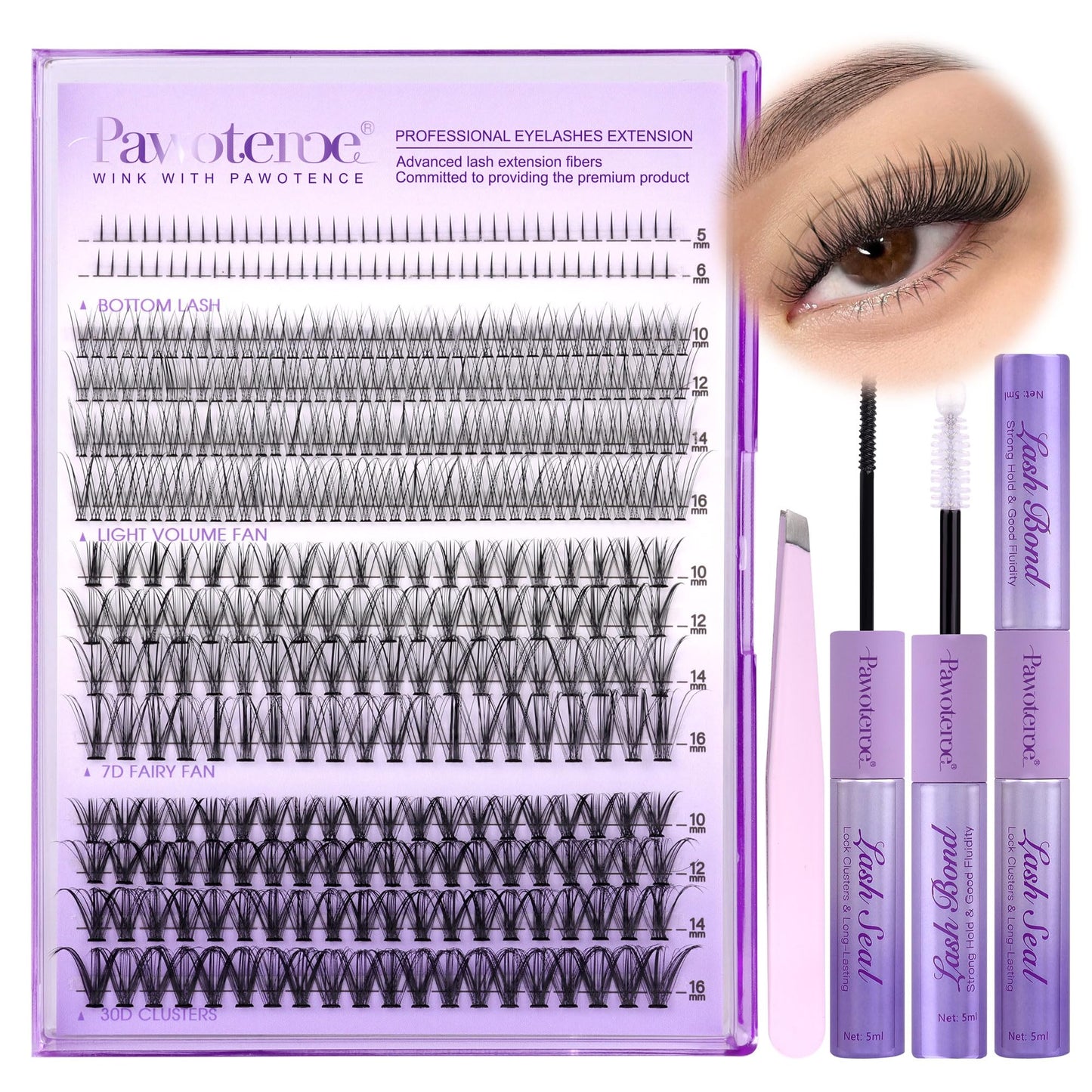 Pawotence Lash Extension Kit – DIY Lash Clusters (4 Styles) with Bond & Seal + Applicator