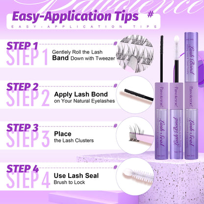 Pawotence Lash Extension Kit – DIY Lash Clusters (4 Styles) with Bond & Seal + Applicator