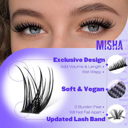 Pawotence Misha Lash Clusters Kit 10-18mm | 144pcs Wet Look Lashes + Bond & Seal