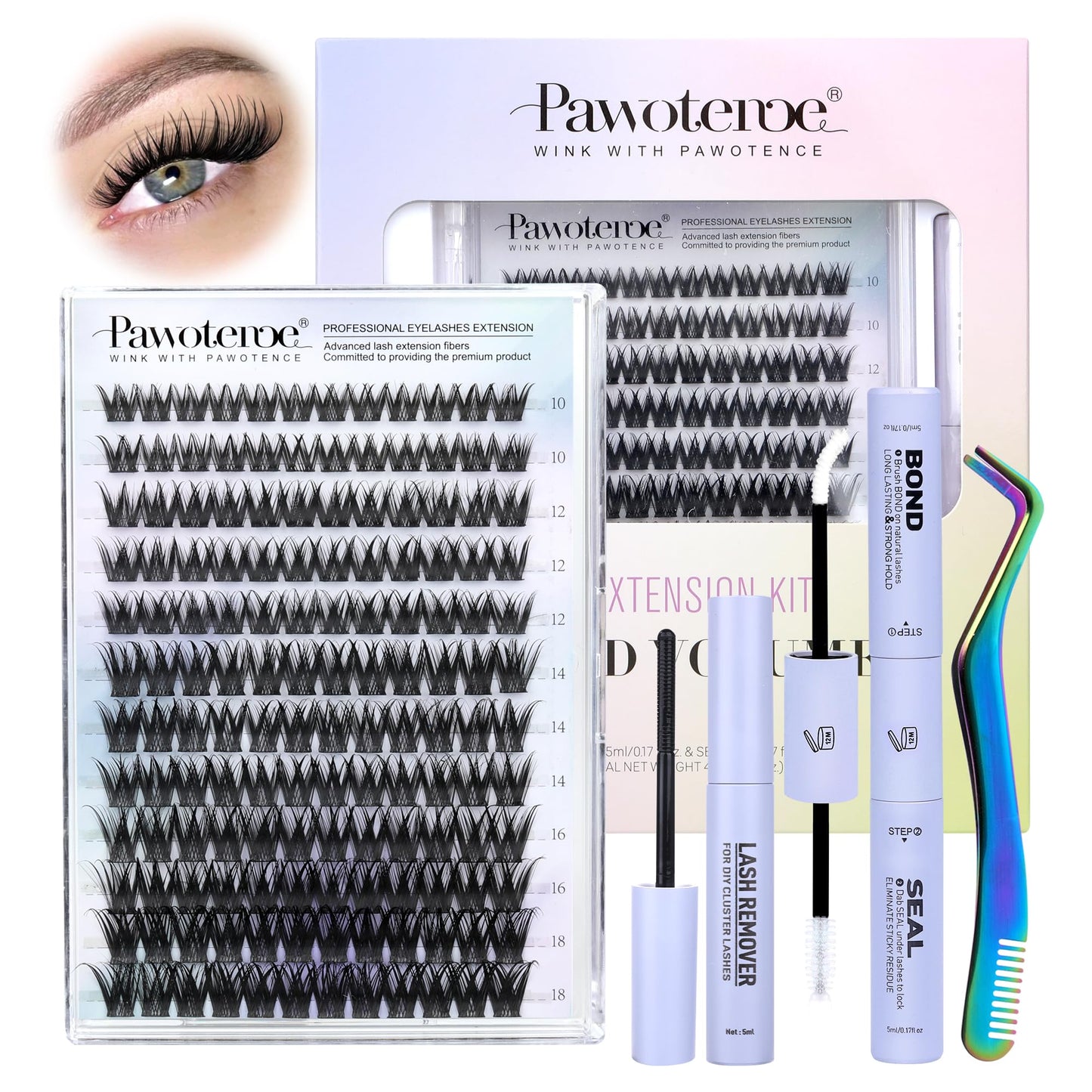 Pawotence Misha Lash Clusters Kit 10-18mm | 144pcs Wet Look Lashes + Bond & Seal