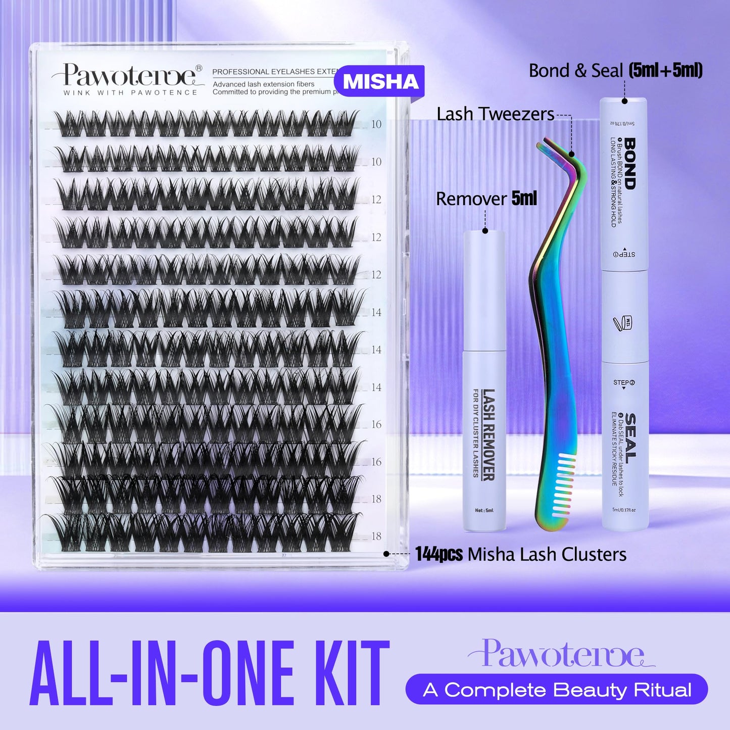 Pawotence Misha Lash Clusters Kit 10-18mm | 144pcs Wet Look Lashes + Bond & Seal