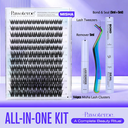 Pawotence Misha Lash Clusters Kit 10-18mm | 144pcs Wet Look Lashes + Bond & Seal