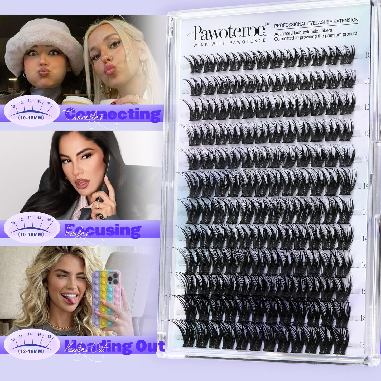Pawotence Misha Lash Clusters Kit 10-18mm | 144pcs Wet Look Lashes + Bond & Seal