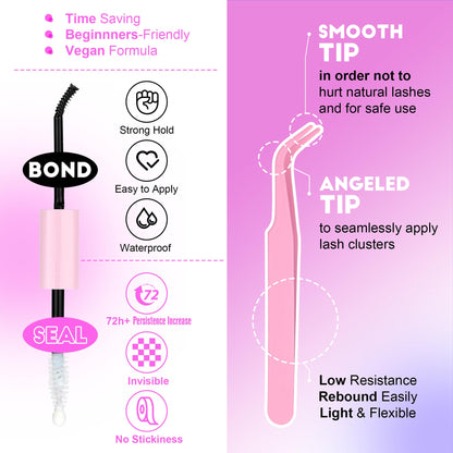 Pawotence Lash Clusters Kit — Cat Eye DIY Extensions 9-16mm (40D) with Bond, Seal & Tweezers
