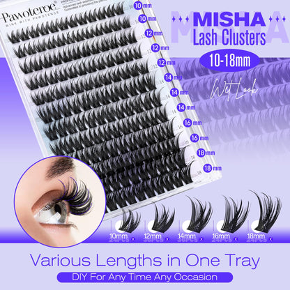 Pawotence Misha Lash Clusters Kit 10-18mm | 144pcs Wet Look Lashes + Bond & Seal