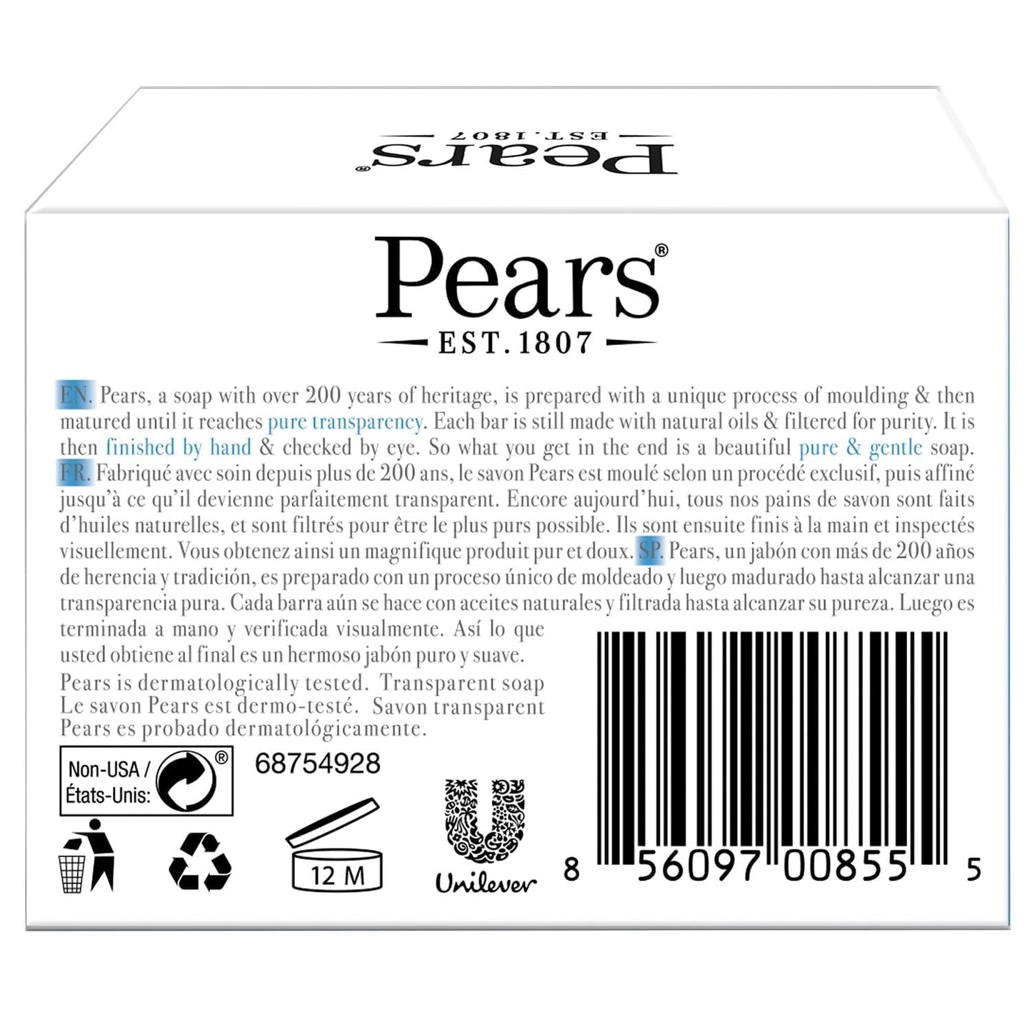 Pears Glycerin Soap with Mint Extract – Transparent Blue, 12-Pack