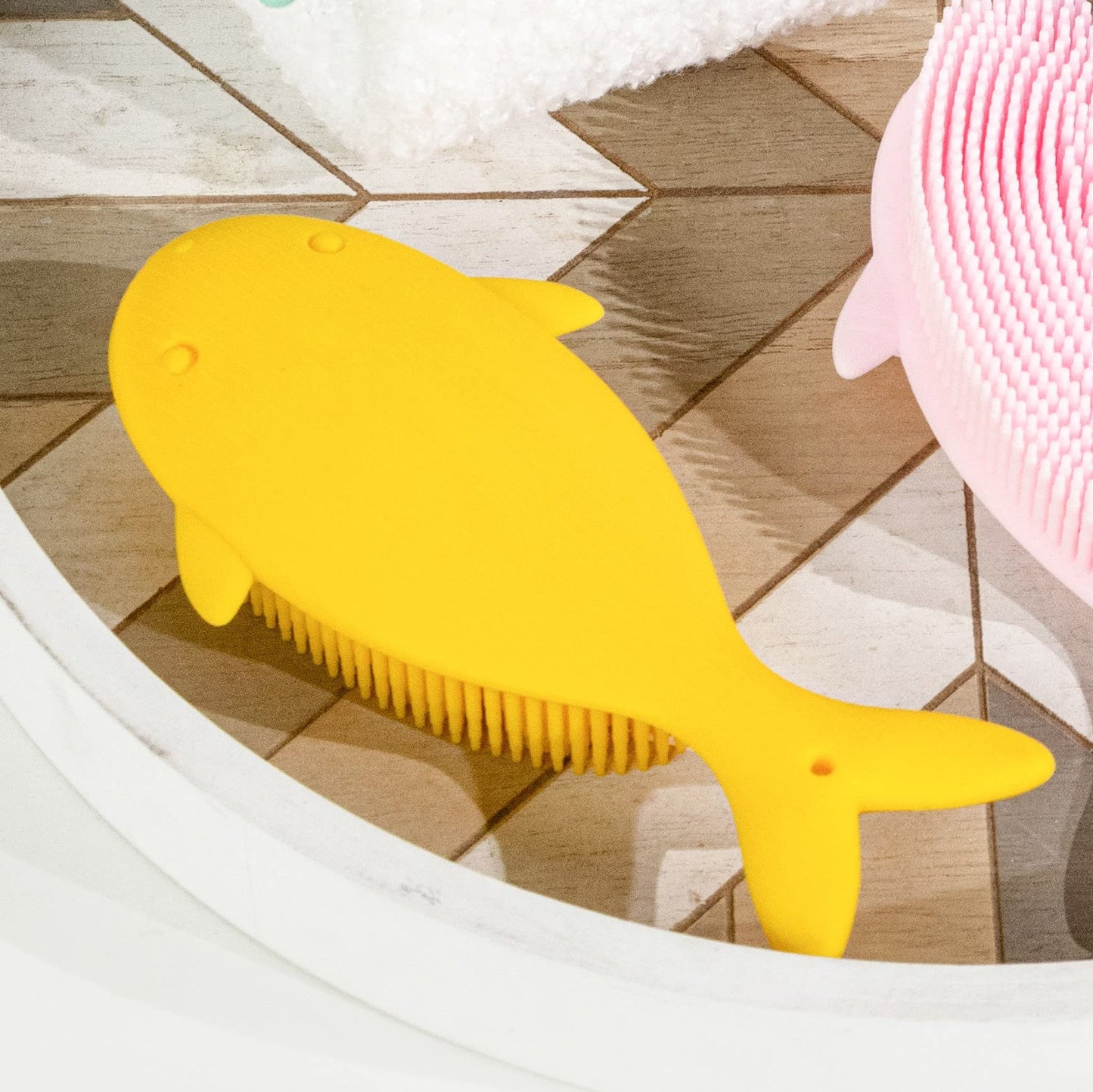 Penepico Premium Sensory Brush – 2-in-1 Silicone Bath Loofah for Kids (Whale, Yellow)