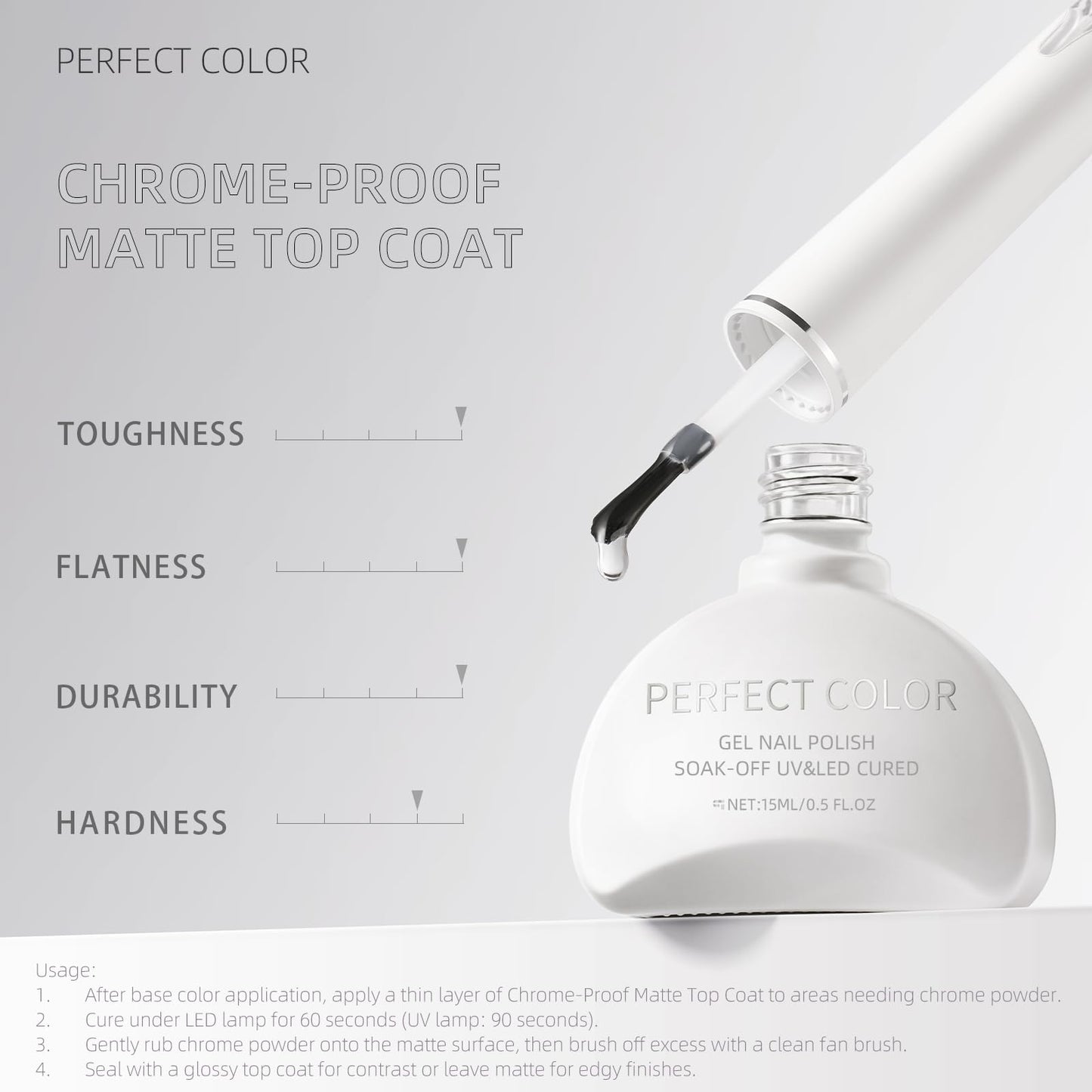 PERFECT COLOR Chrome-Proof Matte Top Coat | UV/LED Cured Gel Nail Polish 0.5 fl oz