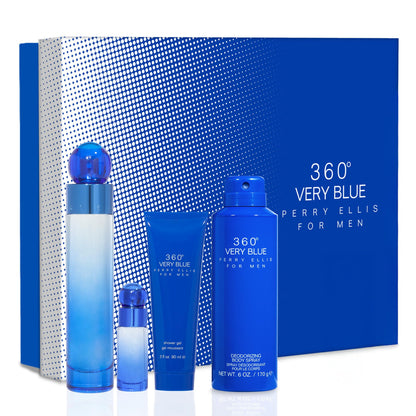 Perry Ellis 360° Very Blue Gift Set – EDT 3.4 oz, Shower Gel 3 oz, Body Spray 6 oz, Mini EDT