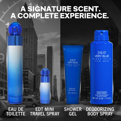Perry Ellis 360° Very Blue Gift Set – EDT 3.4 oz, Shower Gel 3 oz, Body Spray 6 oz, Mini EDT