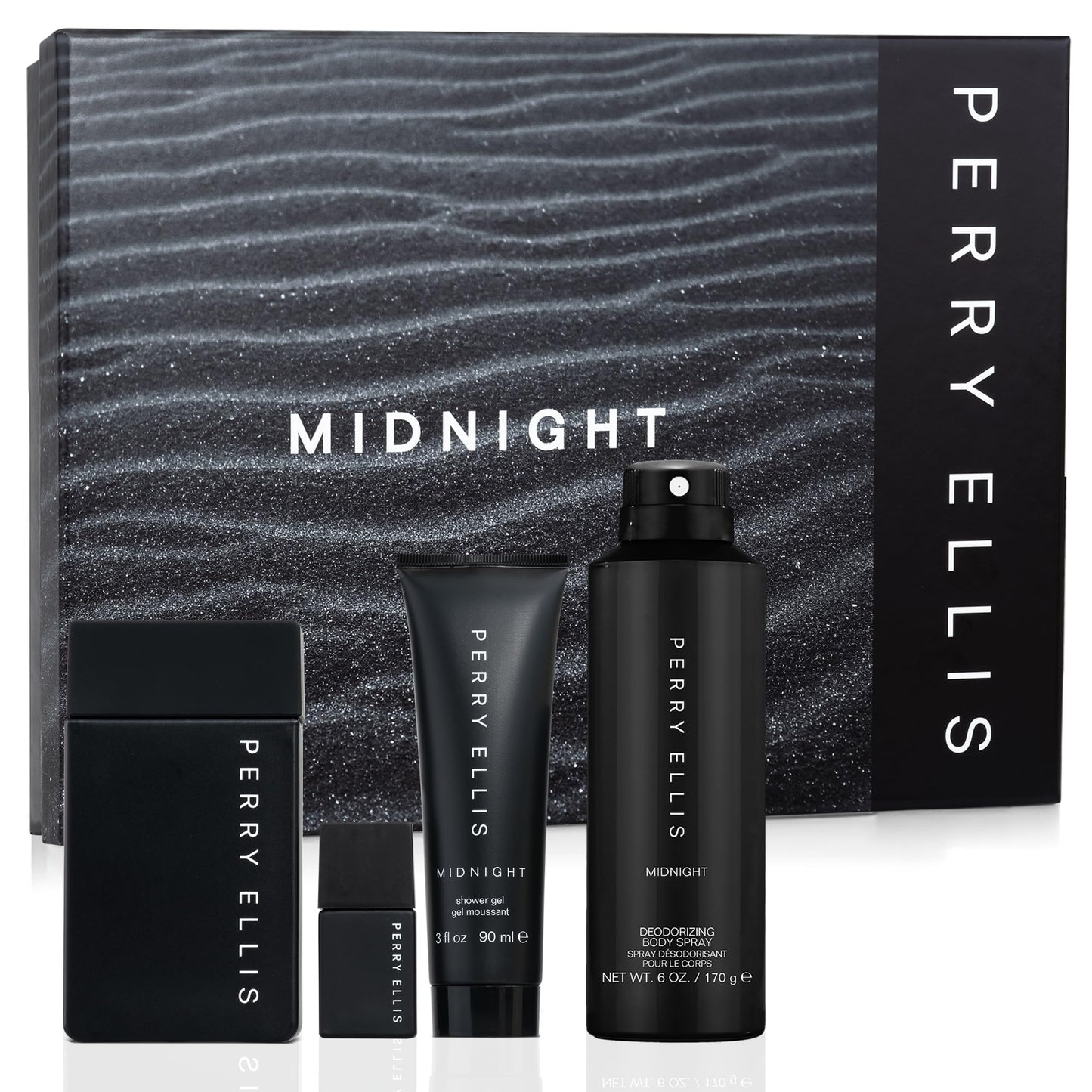 Perry Ellis Midnight 4-Piece Gift Set for Men | Eau de Toilette 3.4 oz + Travel Spray, Body Spray, Shower Gel