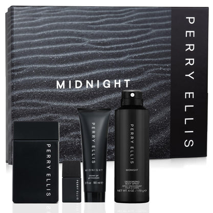 Perry Ellis Midnight 4-Piece Gift Set for Men | Eau de Toilette 3.4 oz + Travel Spray, Body Spray, Shower Gel