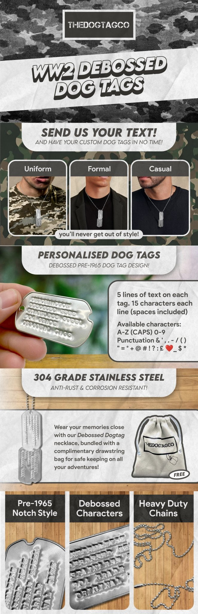 PERSONALISED DEBOSSED Dog Tag Set Original U.S. SPEC WW2 PRE-1965 ARMY