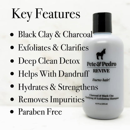 Pete & Pedro REVIVE Shampoo – Exfoliating Black Clay & Charcoal Detox (8.5 oz)
