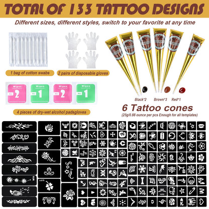PFARRER Temporary Tattoos Kit – 6 Inks in 3 Colors, 133 Templates, DIY Body Art