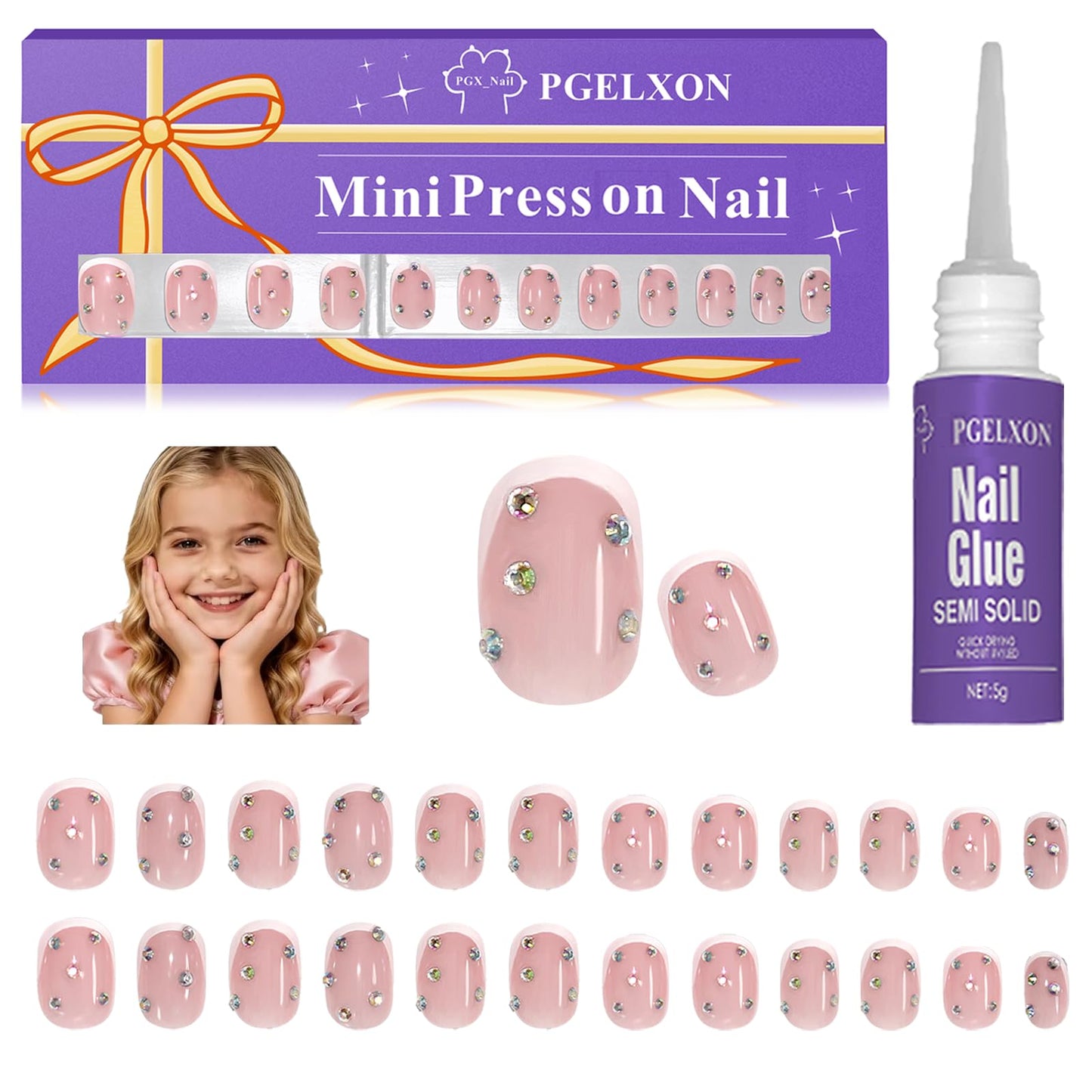 PGELXON Kids Press On Nails – 24pc French Tip Kit for Girls 6-12 with 3D Rhinestones