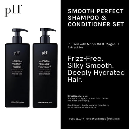 pH PURE HAIR Smooth Perfect Shampoo & Conditioner Set – Frizz Control, Hydration & Monoi Oil
