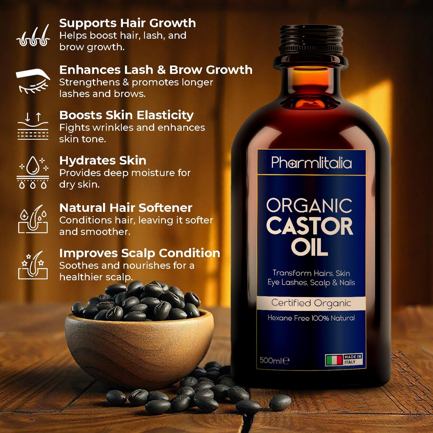 Pharmlitalia Organic Cold-Pressed Castor Oil – 500ml in Dark Glass Bottle for Hair, Skin & Nails