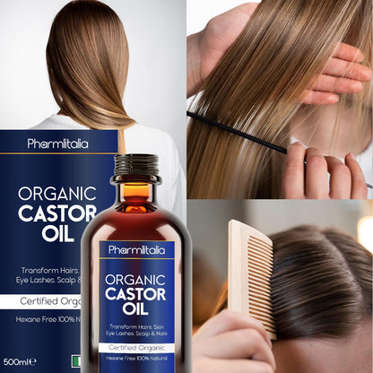 Pharmlitalia Organic Cold-Pressed Castor Oil – 500ml in Dark Glass Bottle for Hair, Skin & Nails