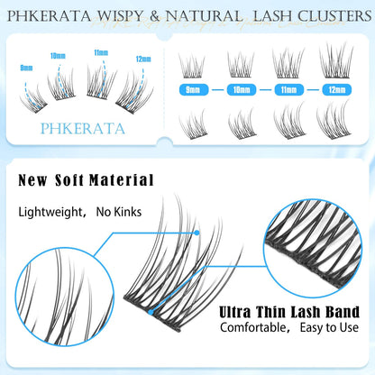PHKERATA Wispy Lash Extension Kit – 120 Natural Cluster Lashes (9-12mm) with Glue & Tweezers