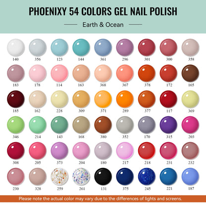 Phoenixy 62-Pcs Gel Nail Polish Set – 54 Colors + Base Coats & Glitter Top Coats